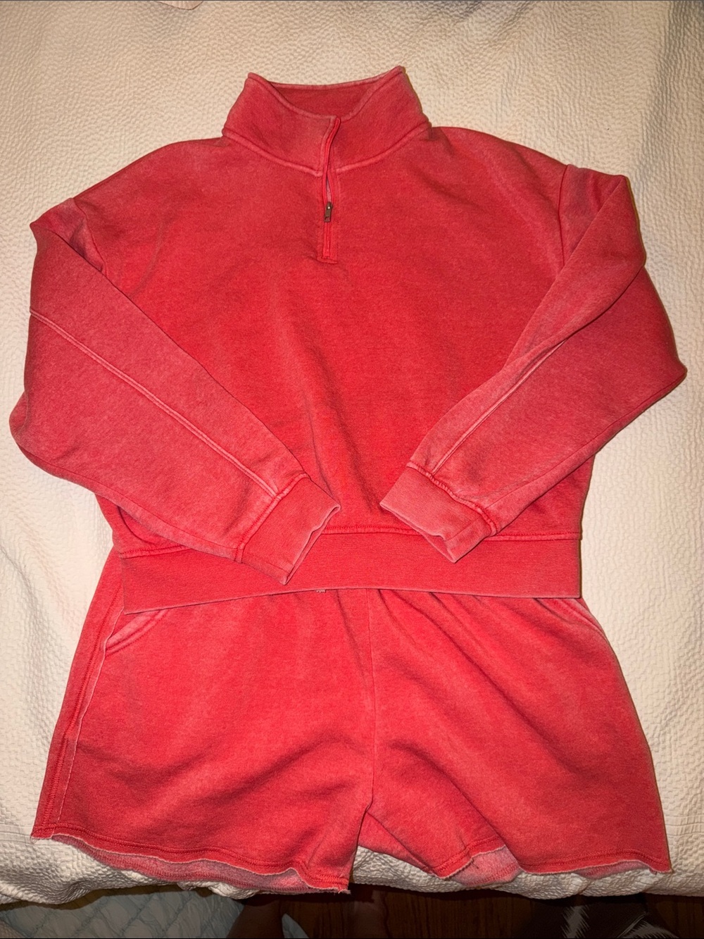 Women’s Coral Red 1/4 Zip Sweatshirt and Shorts Set